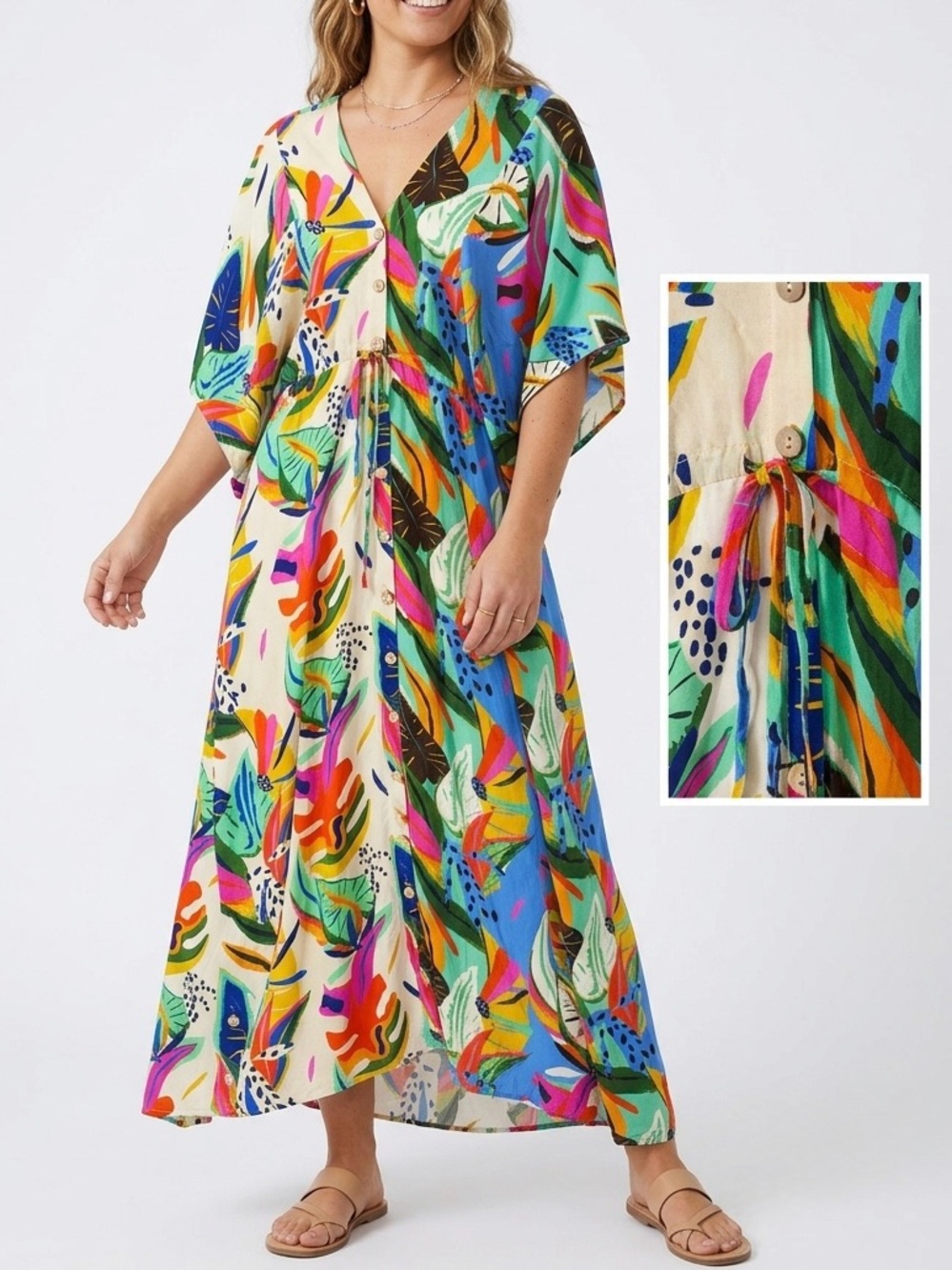 PALMS AWAY Vibrant Tropical Foliage Kaftan Coastal Resort Maxi Dress Cover Up XS